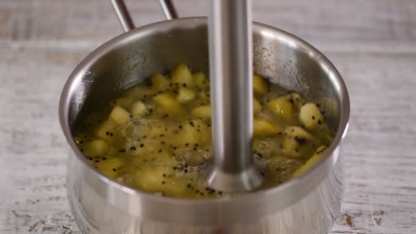 Misturando frutas Kiwi picadas com liquidificador de mão. Close-up
 - Filmagem, Vídeo