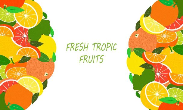 Pankartlar, dergiler, web siteleri, restoranlar ve menüler için uygun taze tropikal meyve şablonu. Sağlıklı bir yaşam için meyvelerle sağlıklı beslenme. - Vektör, Görsel