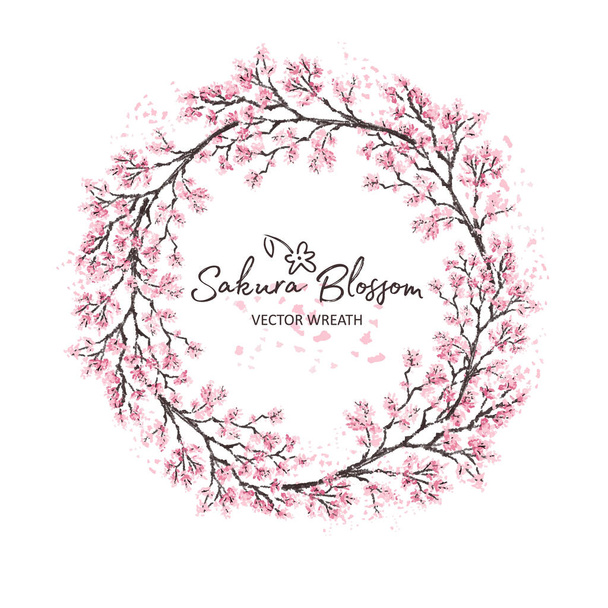 Sakura japan cherry branch of wreatht with blooming flowers watercolor style vector illustration. - Vektör, Görsel
