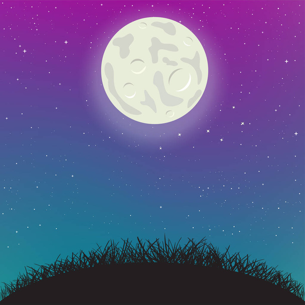 night sky moon light and grass hill - Vector, Image