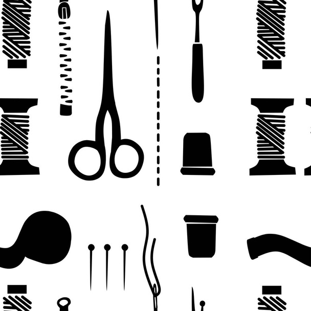 Patrón sin costura de carrete de silueta negro con hilo, bobinas, tijeras e ilustración de vectores planos de aguja sobre fondo blanco
. - Vector, imagen