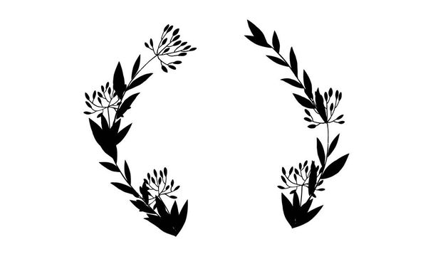 Μαύρο πλαίσιο σιλουέτα αριστερά και δεξιά κληρωτά κλαδιά δέντρων με φύλλα και μούρα βοτανικά λουλούδια floral χέρι που scandinavian στυλ τέχνης στοιχείο σχεδιασμού επίπεδη διανυσματική απεικόνιση. - Διάνυσμα, εικόνα