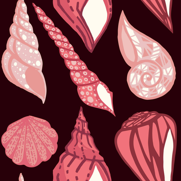 Seamless pattern big different seashell collection red tropical shells flat vector illustration on white background. - Vector, Image