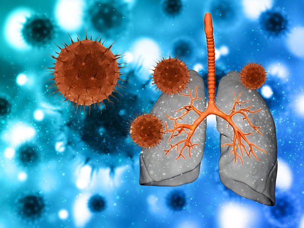 3D-Darstellung eines medizinischen Hintergrunds mit abstrakten Viruszellen, die die Lungen angreifen - Foto, Bild