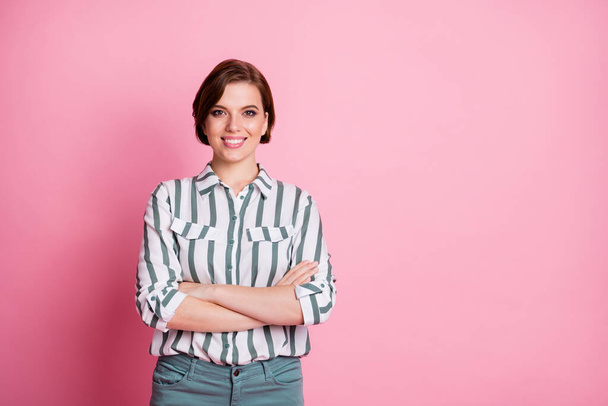 Portrait of satisfied content girl true worker ready work decide decision cross hands wear stylish trend isolated over pastel color background - Φωτογραφία, εικόνα