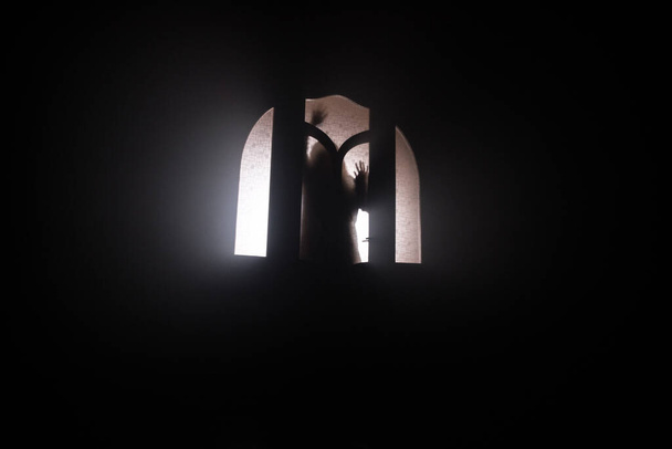 Silhouette einer unbekannten Schattenfigur auf einer Tür durch eine geschlossene Glastür. Gruselige Silhouette Mädchen in der Nacht mit Rauch im Hintergrund - Foto, Bild