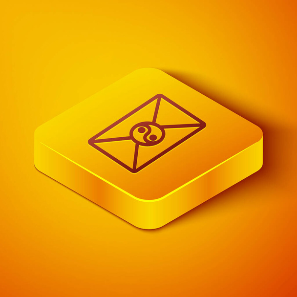 Isometric line Yin Yang and envelope icon isolated on orange background. Symbol of harmony and balance. Yellow square button. Vector Illustration - Вектор,изображение