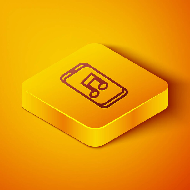 Isometrische lijn Muziekspeler icoon geïsoleerd op oranje achtergrond. Draagbaar muziekapparaat. Gele vierkante knop. Vector Illustratie - Vector, afbeelding