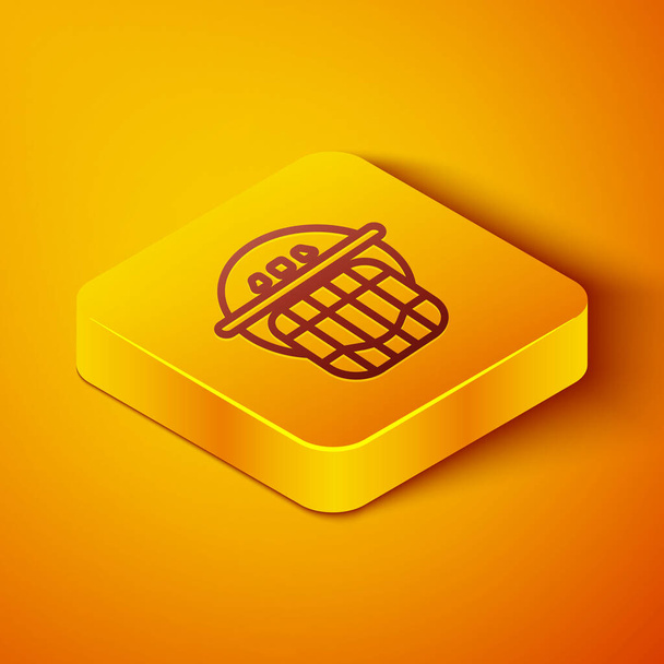 Izometrická linie Ikona hokejové helmy izolované na oranžovém pozadí. Žlutý knoflík. Vektorová ilustrace - Vektor, obrázek