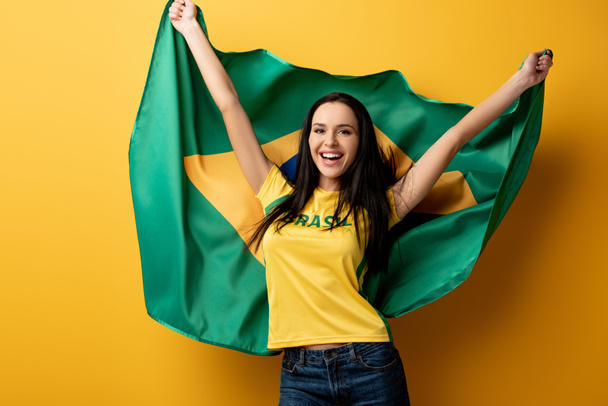 excited female football fan holding brazilian flag on yellow - Фото, зображення