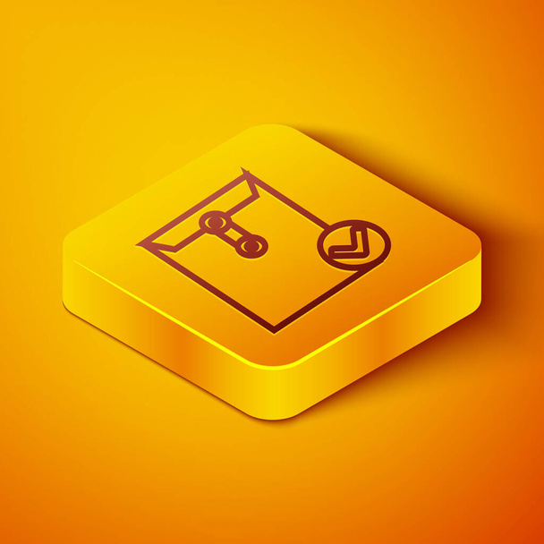 Izometrická čára Obálka a zaškrtněte ikonu izolovanou na oranžovém pozadí. Úspěšné doručení e-mailu, potvrzení o doručení e-mailem. Žlutý knoflík. Vektorová ilustrace - Vektor, obrázek