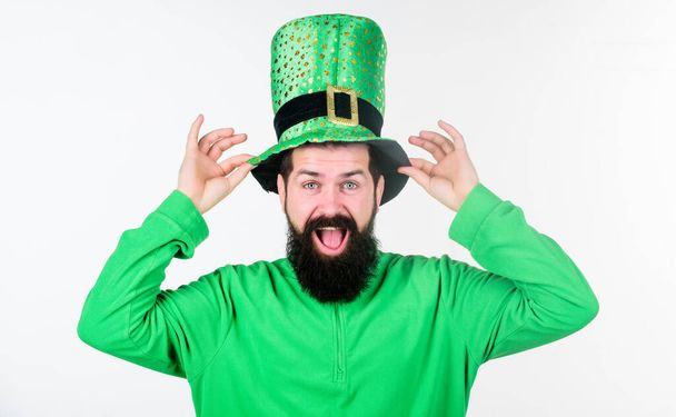 Man bearded hipster wear green clothing and hat patricks day. Saint patricks day holiday. Green color part of celebration. Happy patricks day. Global celebration of irish culture. Myth of leprechaun - Foto, afbeelding