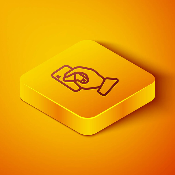 Línea isométrica Mano sosteniendo el icono de cartas aisladas sobre fondo naranja. Diseño del juego de casino. Botón cuadrado amarillo. Ilustración vectorial
 - Vector, Imagen