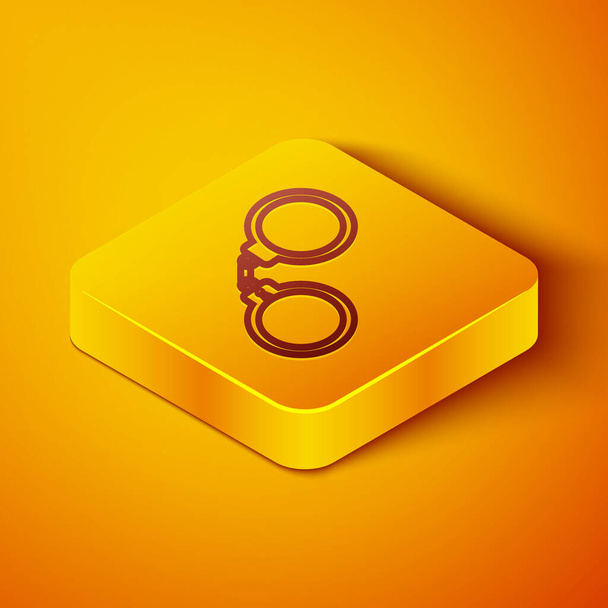 Ізометрична лінія Піктограма наручників ізольована на помаранчевому фоні. Жовта квадратна кнопка. Векторна ілюстрація
 - Вектор, зображення
