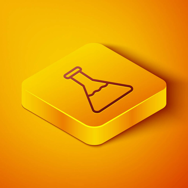 Izometrikus vonal Narancssárga alapon izolált kémcső és lombik kémiai laboratóriumi vizsgálati ikon. Laboratóriumi üvegáru jel. Sárga négyzet gomb. Vektorillusztráció - Vektor, kép