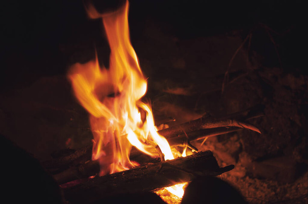 Fire wood brighly burning in furnace. Firewood burn in rural oven. Burning firewood in fireplace closeup. Fire and flames. Close up of burning fire wood in fireplace - 写真・画像