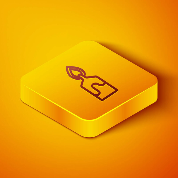Isometrische lijn Brandende kaars pictogram geïsoleerd op oranje achtergrond. Cilindrische kandelaar met brandende vlam. Gele vierkante knop. Vector Illustratie - Vector, afbeelding