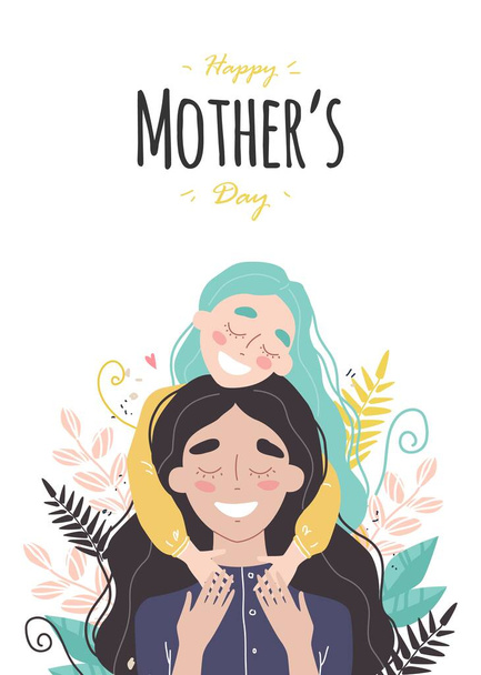 Mothers day greeting card. Mom and girl are smiling and hugging. Family holiday and togetherness. Vector eps 10 - Vecteur, image