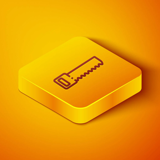 Línea isométrica Icono de sierra de mano aislado sobre fondo naranja. Botón cuadrado amarillo. Ilustración vectorial
 - Vector, Imagen