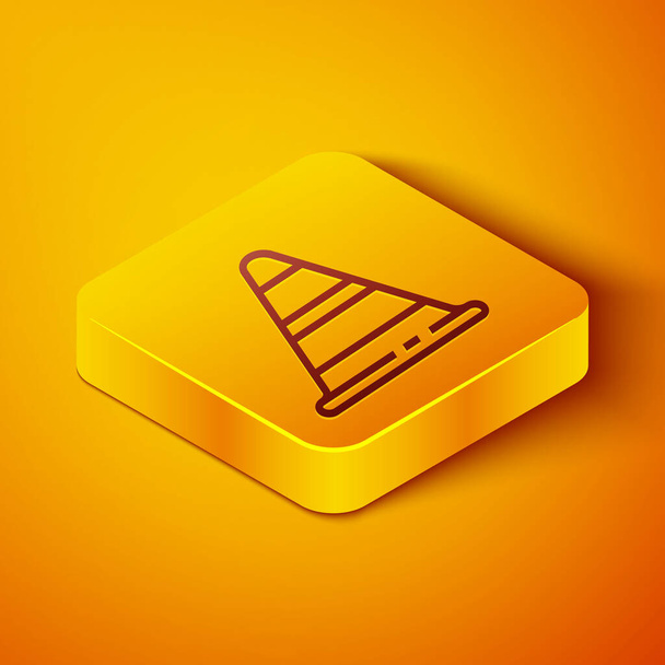 Isometrische Linie Verkehrskegel-Symbol isoliert auf orangefarbenem Hintergrund. Gelber quadratischer Knopf. Vektorillustration - Vektor, Bild
