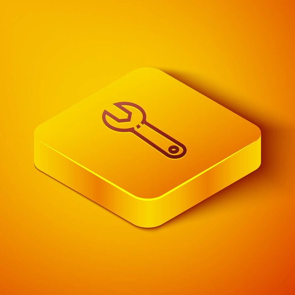 Isometrische Linie Schlüsselschlüssel-Symbol isoliert auf orangefarbenem Hintergrund. Gelber quadratischer Knopf. Vektorillustration - Vektor, Bild