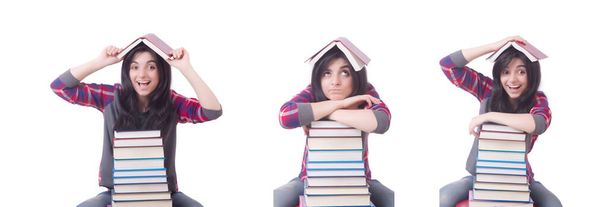 Young female student with books on white - Photo, Image