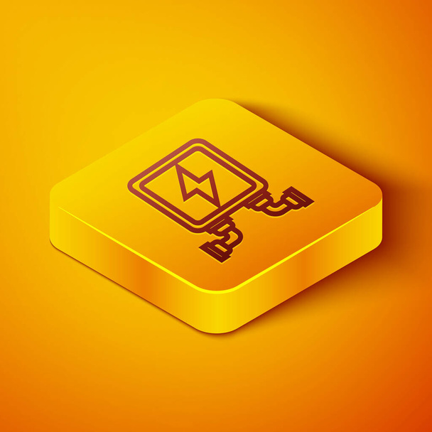 Icono del transformador eléctrico de línea isométrica aislado sobre fondo naranja. Botón cuadrado amarillo. Ilustración vectorial
 - Vector, imagen