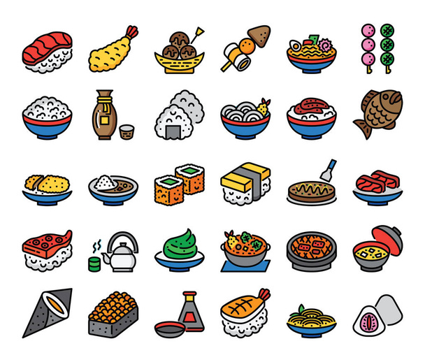 ιαπωνικά εικονίδια διάνυσμα περίγραμμα χρωμάτων τροφίμων - Διάνυσμα, εικόνα