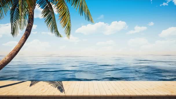 Colorful panoramic landscapeseaside wooden platform / deck table background.Beautiful tropical palm and ocean horizon. (4K UHD seamless looping, computer digitally generated animation.) - Πλάνα, βίντεο