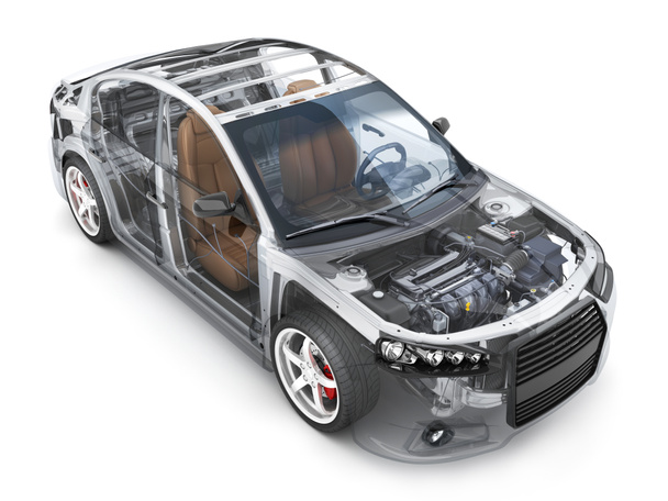 Auto corpo trasparente e di ricambio e motore e altri dettagli su sfondo bianco. Illustrazione 3d - Foto, immagini