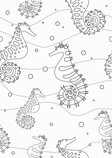 Naadloze patroon of kleurplaat met zeepaardjes voor anti stress boek. Overzicht vector stock illustratie met een zeedier op een witte achtergrond voor print en kleurentherapie - Vector, afbeelding