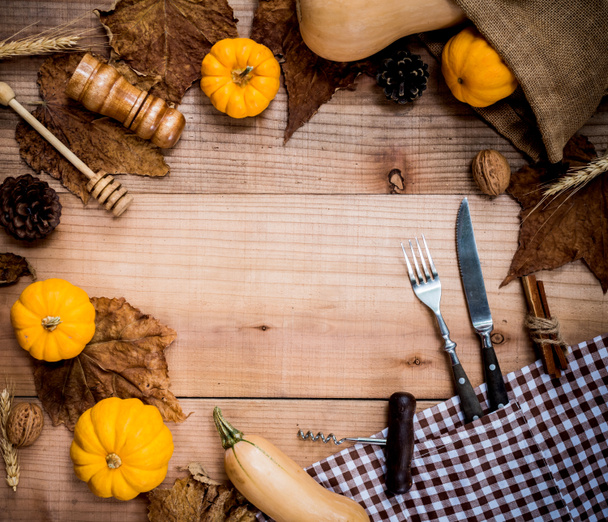 close-up shot of harvested pumpkins for thanksgiving day background - Foto, Imagem