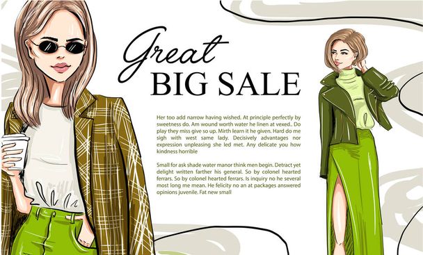 two fashion cartoon models on a banner template - Vector, afbeelding