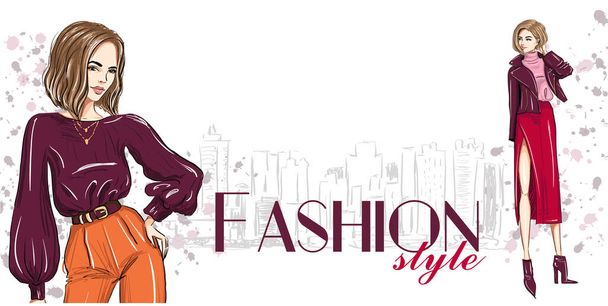 fashion banner with two stylish women template - Vector, Image