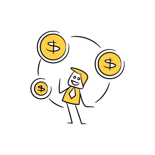 uomo d'affari e denaro monete giallo doodle stick figura design
 - Vettoriali, immagini