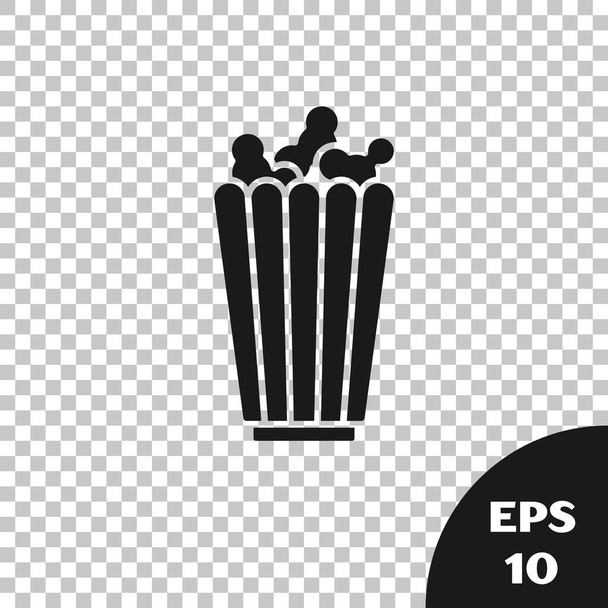 Fekete popcorn kartondobozban ikon elszigetelt átlátszó háttérrel. Popcorn vödör doboz. Vektorillusztráció - Vektor, kép