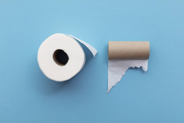 Empty used toilet roll next to a full roll of toilet paper - Фото, изображение