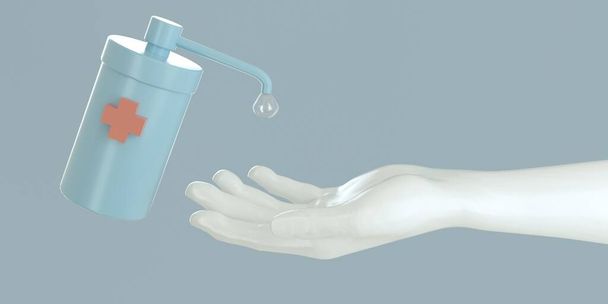 3d geïllustreerd illustratie van antimicrobiële ontsmettingsmiddel of zeep en witte hand, heide zorg concept - Foto, afbeelding