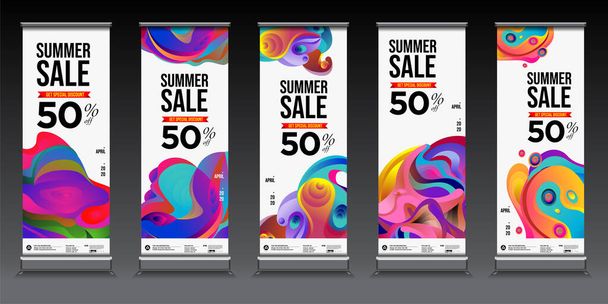 Summer sale colorful geometric, fluid and curve background for roll banner. Summer sale 50% discount banner. - Vector, Image