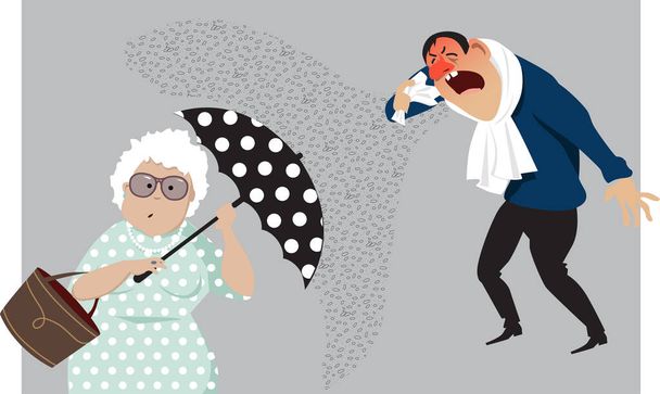 Starší žena skrývající se za deštníkem před kašlající osobou, chránící se před virem, Eps 8 vektorová ilustrace - Vektor, obrázek