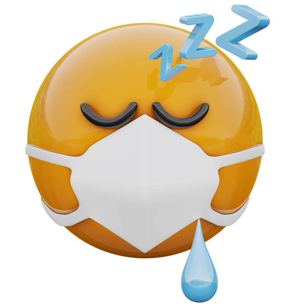 Representación 3D de la cara de emoji amarillo dormido cansado en máscara médica que protege contra el coronavirus 2019-nCoV, MERS-nCoV, sarmientos, gripe aviar y otros virus, gérmenes y bacterias y enfermedades contagiosas
. - Foto, Imagen