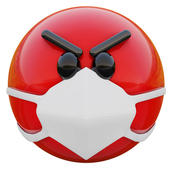 Representación en 3D de la cara de puchero emoji rojo en máscara médica que protege contra el coronavirus 2019-nCoV, MERS-nCoV, sarmientos, gripe aviar y otros virus, gérmenes y bacterias y enfermedades contagiosas
. - Foto, imagen