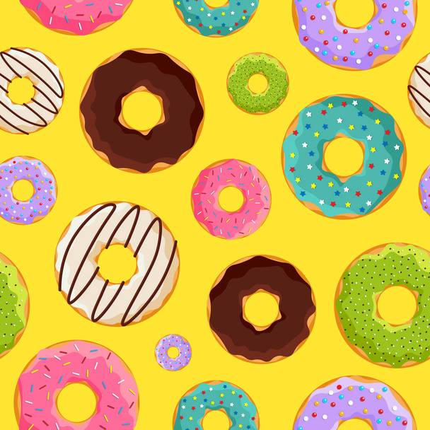 Цветные глазурованные сладкие пончики бесшовный узор на желтом фоне. Векторная булочная с плоским эпсом
 - Вектор,изображение
