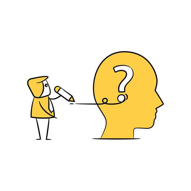 businessman writing brain for solving problem concept yellow stick figure - Vector, Image