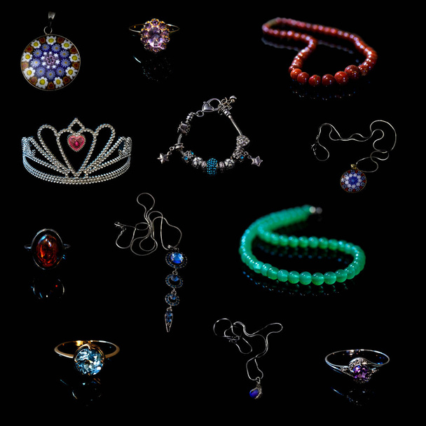 Beautiful jewelry collection on black background. Full size. - Photo, Image