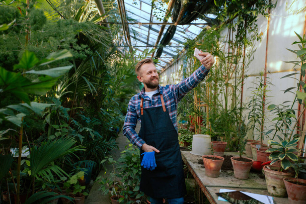 Gran jardinero con una gran sonrisa que toma algunas fotos con su teléfono inteligente en el medio de un invernadero
 - Foto, imagen