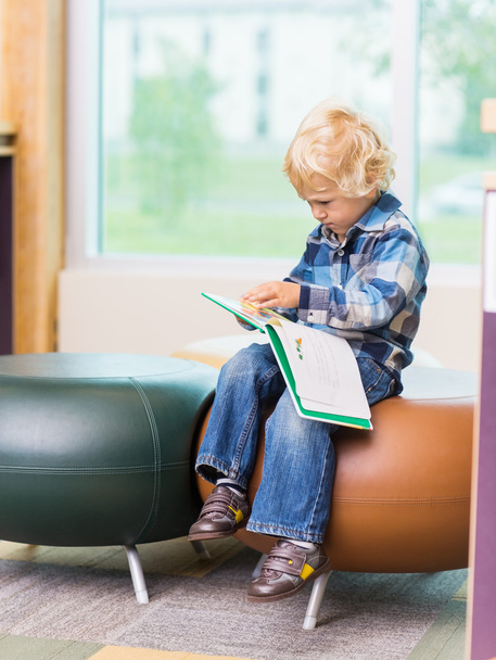 Cute Boy Reading Book In School Library - Foto, imagen