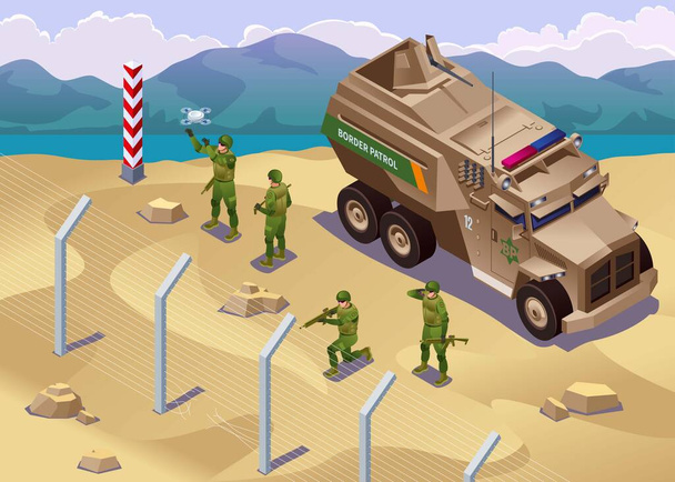 La patrouille frontalière inspecte la barrière frontalière avec des véhicules spéciaux icônes isométriques sur fond isolé
 - Vecteur, image