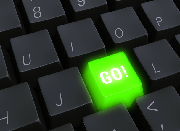 Primer plano ilustración 3D de un teclado de ordenador negro con un brillante, verde brillante GO! clave que representa iniciar un proyecto o volverse verde
 - Foto, imagen