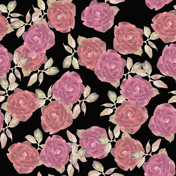 Pintura a óleo. Padrão sem costura de várias flores vermelhas de rosas e folhas de rosa em um fundo preto para a criação de têxteis, papel de embrulho, envolvimento, toalhas de mesa, oleado, cortinas, papel de parede
 - Foto, Imagem